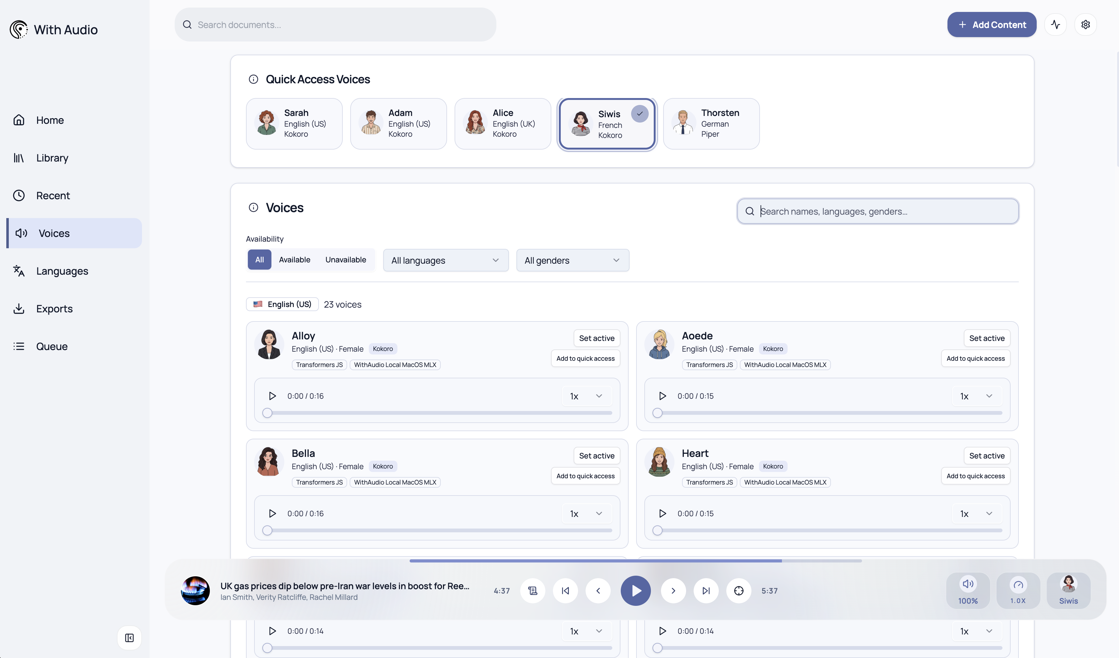 Voices tab from Home or Settings