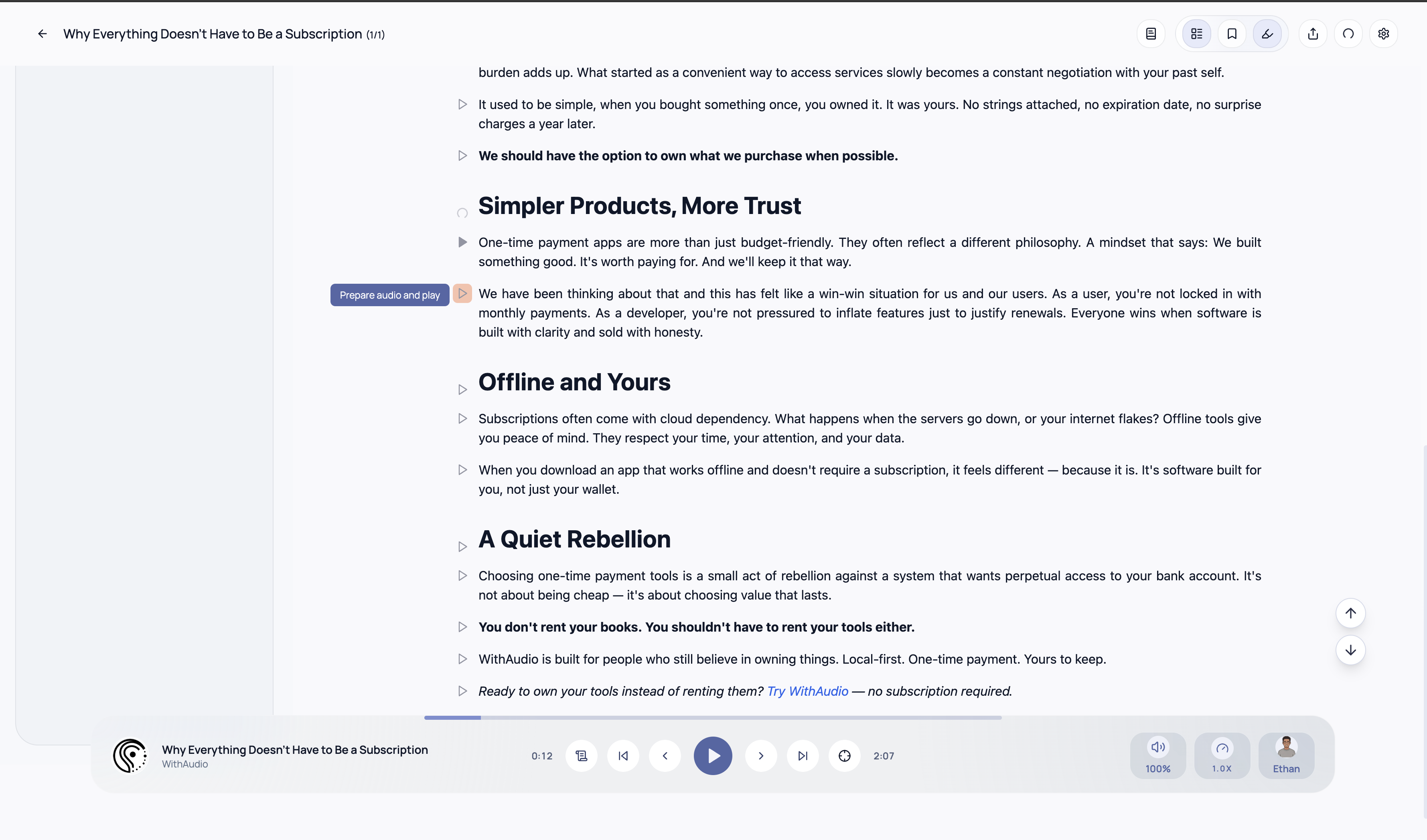 Play from the main control or next to a paragraph